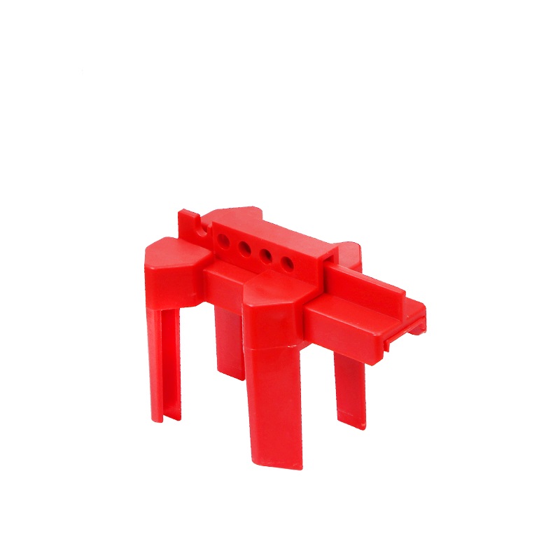 Red adjustable 4-legged ball valve lockout device in polypropylene for 13–63.5 mm pipes